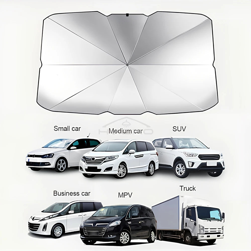 Pare-soleil de voiture argentable et pliable, montré avec divers véhicules comme voitures, VUS, camions et fourgonnettes.