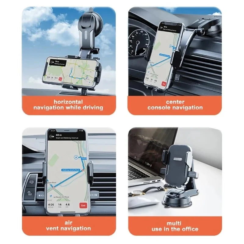 A 360° rotatable car phone mount with an extension rod used for horizontal, center console, and air vent navigation.