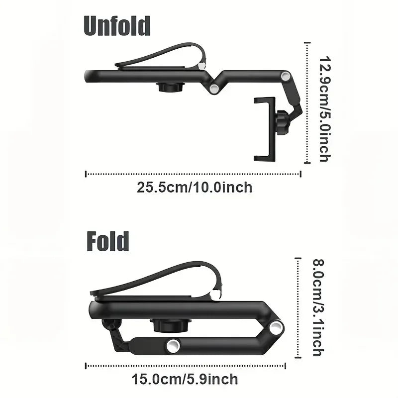 Black folding car phone holder designed for rearview mirrors or seats, showing unfolded and folded states.