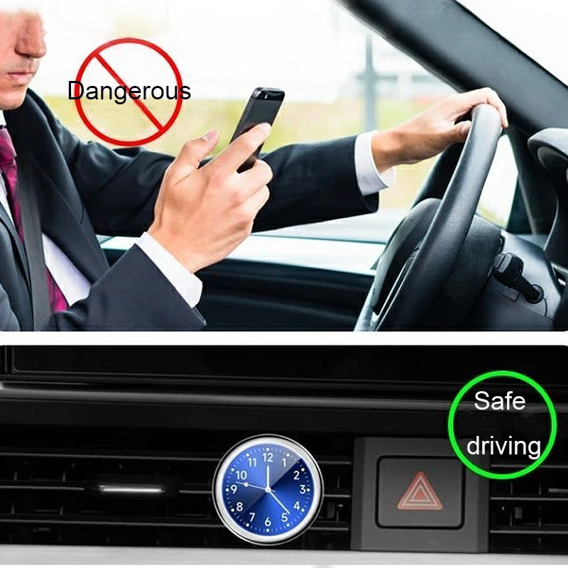A stick-on car clock with a waterproof display is shown mounted on a vehicle's interior panel.