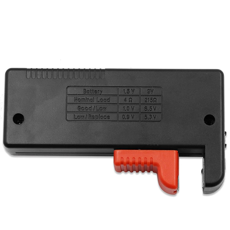 Black battery tester device with labeled settings for various batteries and loads.