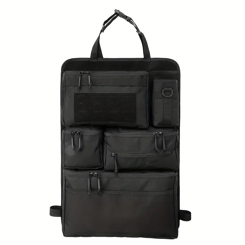 Black tactical luggage organizer bag designed for car seats with multiple compartments.