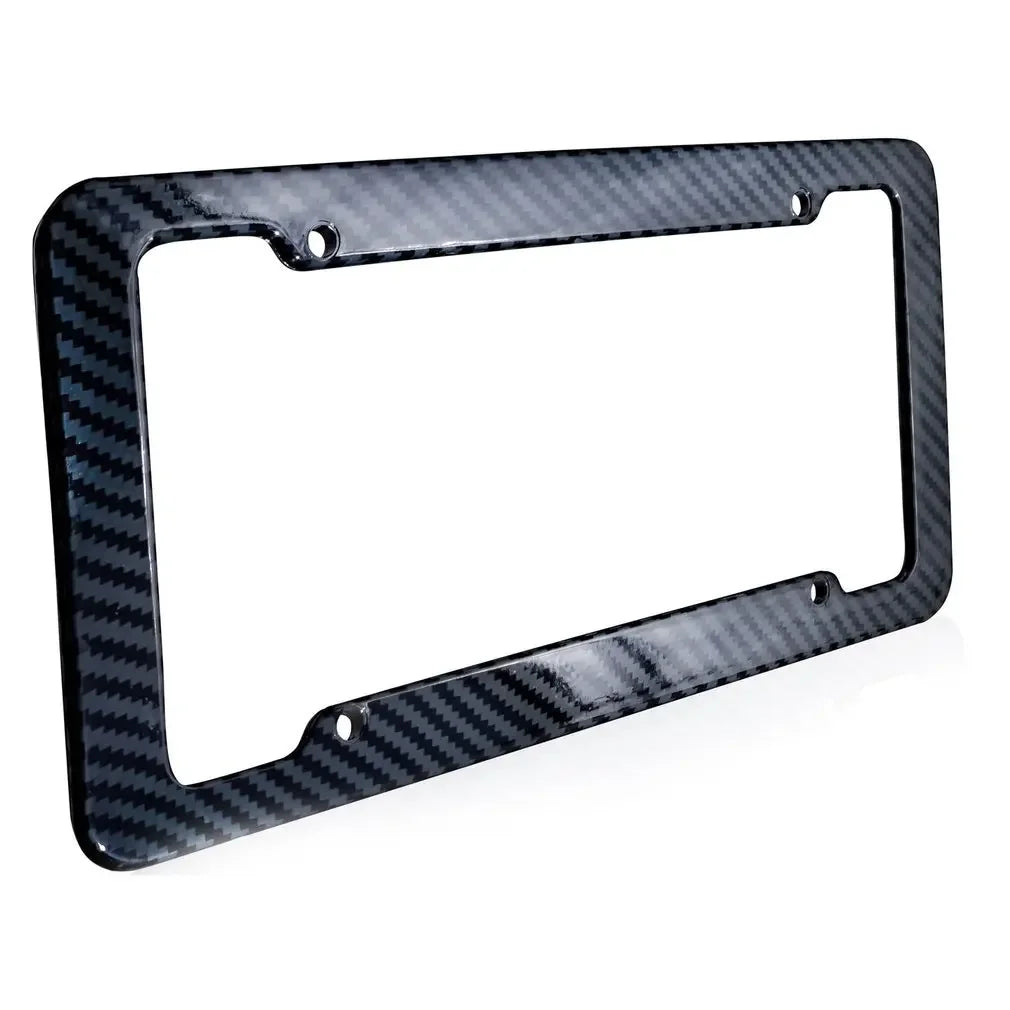 Black carbon pattern universal license plate frame with a rectangular cutout.
