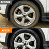 Before and after comparison of a car tire using a restorer wax for gloss and protection