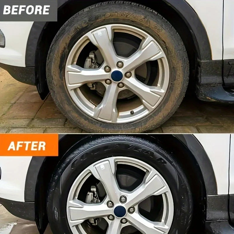 Before and after comparison of a car tire using a restorer wax for gloss and protection