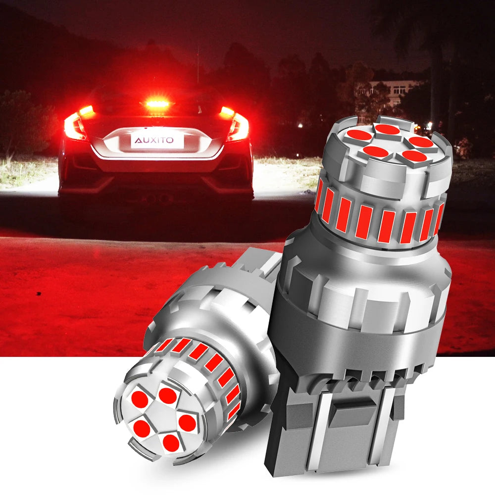 A close-up view of high brightness LED brake light bulbs installed in a car's taillight assembly.