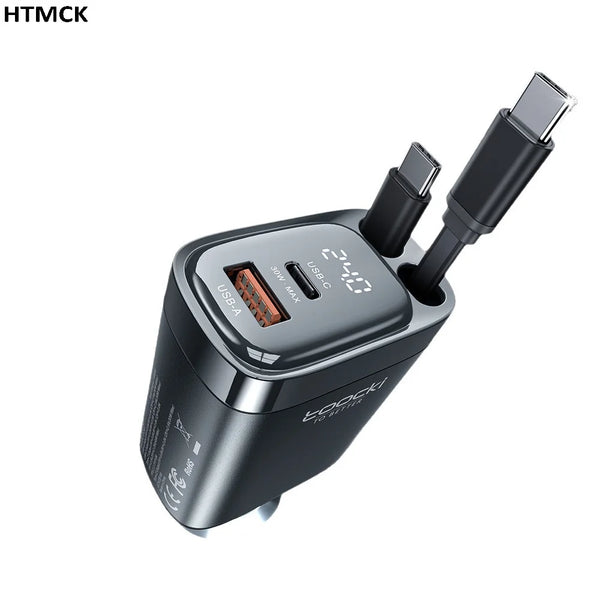 شاحن سيارة قابل للسحب أسود بقوة عالية، يحتوي على منفذي USB-A و USB-C.