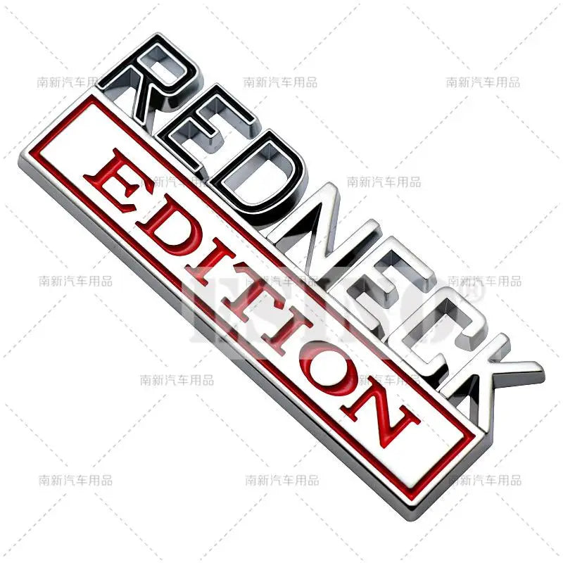 A 3D chrome car emblem decal with the word REDNECK in bold lettering.