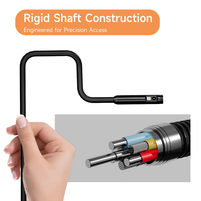 A hand holds a rigid shaft endoscope probe, showing the detailed internal structure of the instrument.