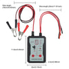 A fuel injector tester device with wires and a digital display is shown.