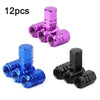 Twelve durable aluminum valve caps in various colors including pink, purple, and blue.