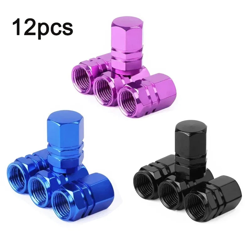 Twelve durable aluminum valve caps in various colors including pink, purple, and blue.