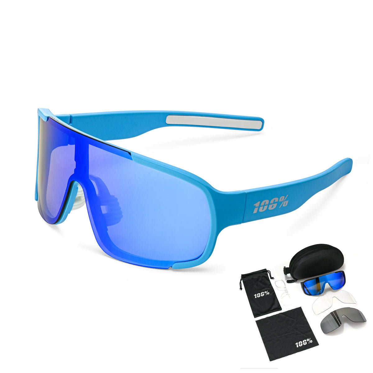 A pair of bright blue sports goggles with a flexible frame and strap, shown alongside spare lenses.