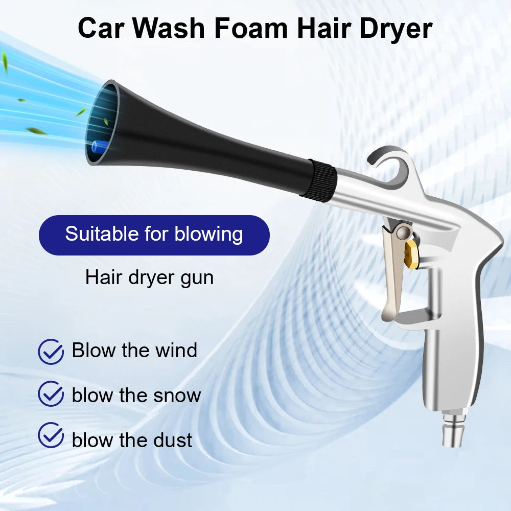 A silver high-pressure air blow car cleaning gun is shown blowing a stream of air, suitable for blowing hair dryer, snow, or 