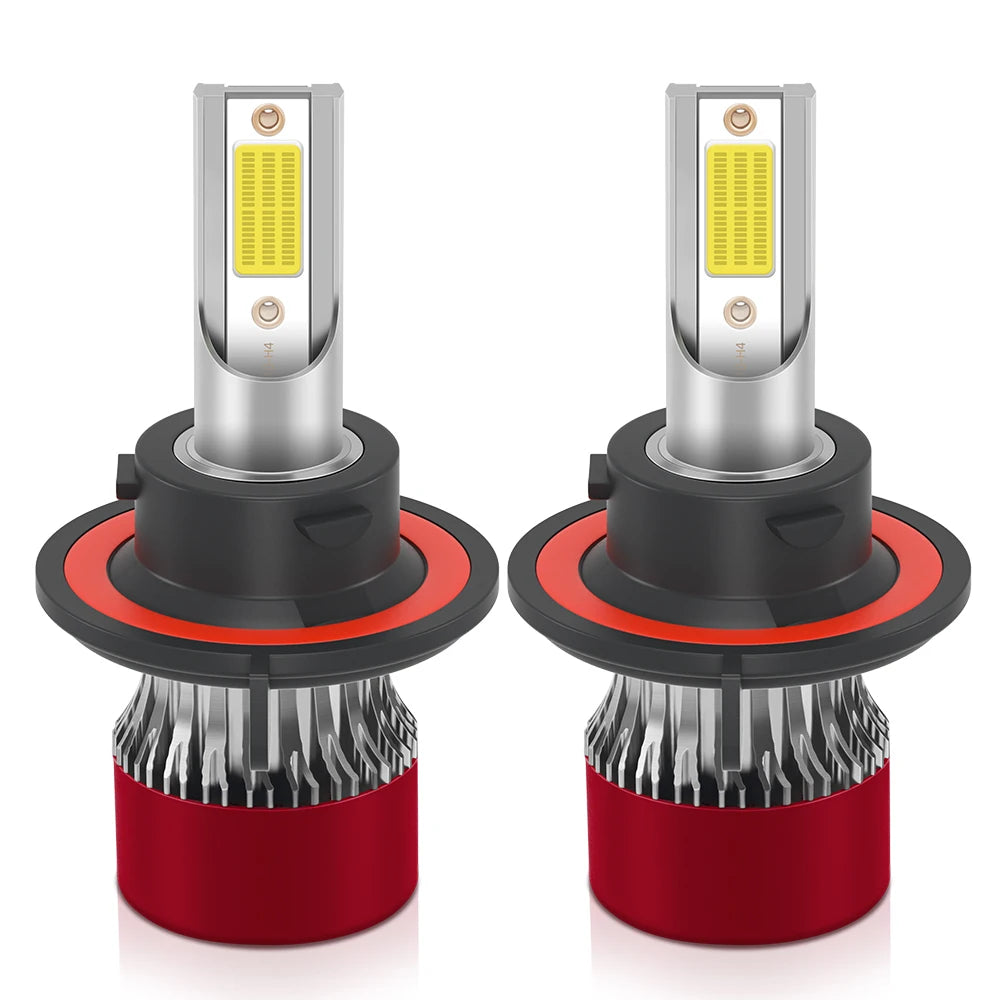 A pair of H13 LED headlight bulbs with silver and black components shown on a white background.