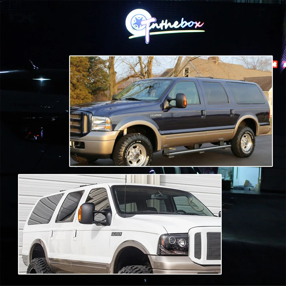Vue de côté d'un pick-up Ford Excursion bleu foncé avec des feux de position ambre installés sur les rétroviseurs.