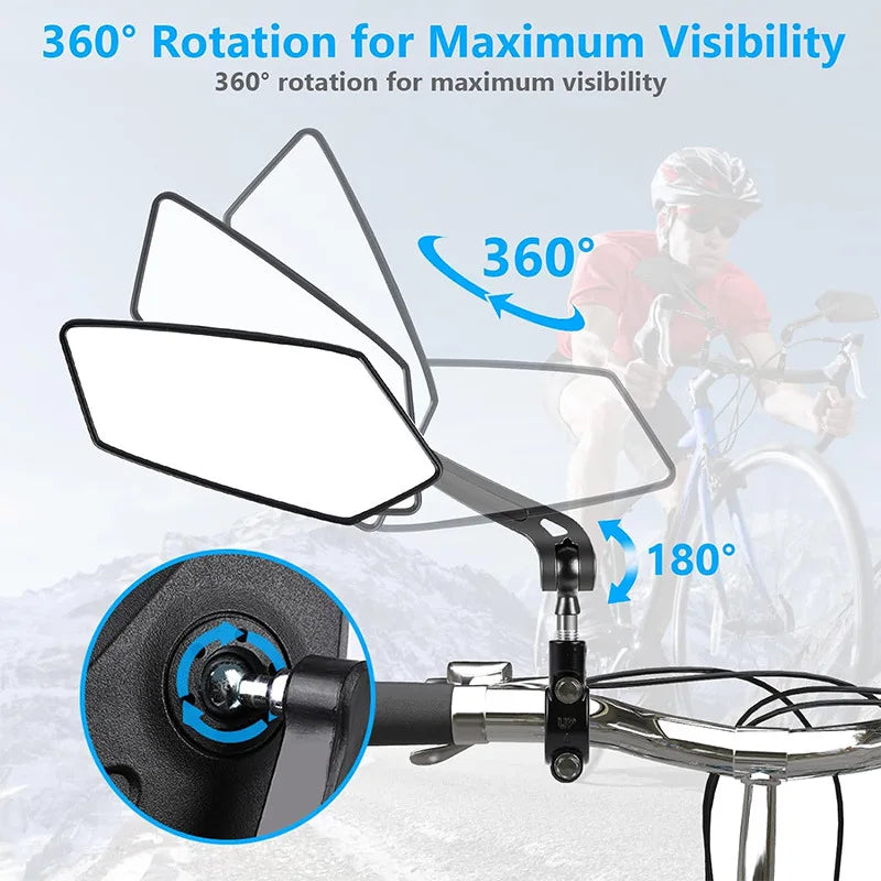 A motorcycle rearview mirror demonstrating 360 degree rotation for maximum visibility.