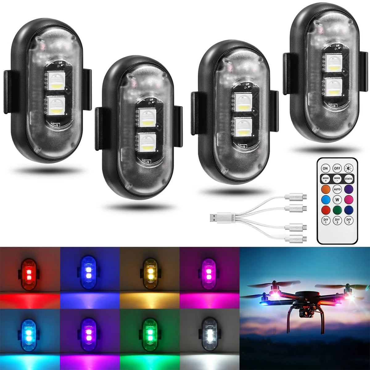 A set of multi-color LED strobe lights shown in various orientations and color combinations.