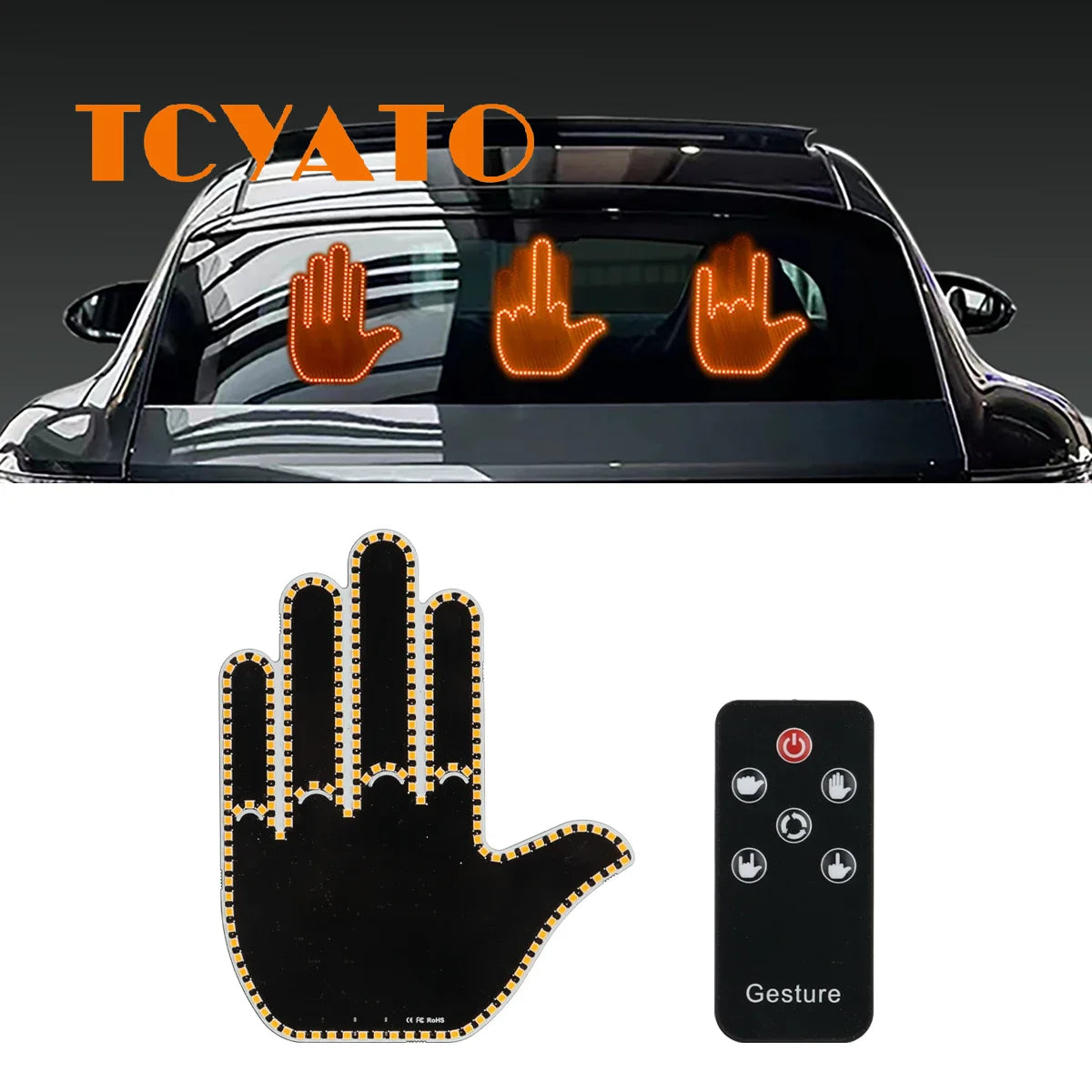 A black remote control car with orange finger lights and a separate gesture control pad.