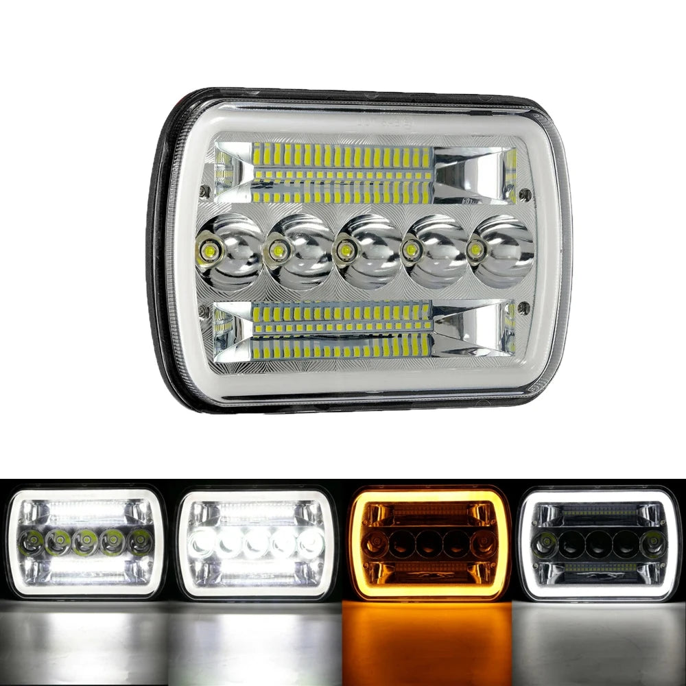 A square LED headlight assembly with integrated turn signal and multiple projector lenses.