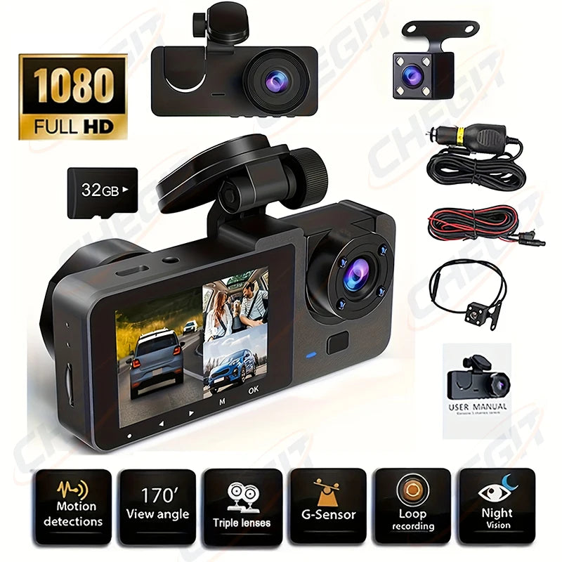 Caméra dashcam noire avec accessoires et fonctionnalités comme détection de mouvement, ajustement de l'angle de vue, triple l