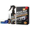 A black bottle of headlight restoration fluid and a pump applicator are shown next to the product box.