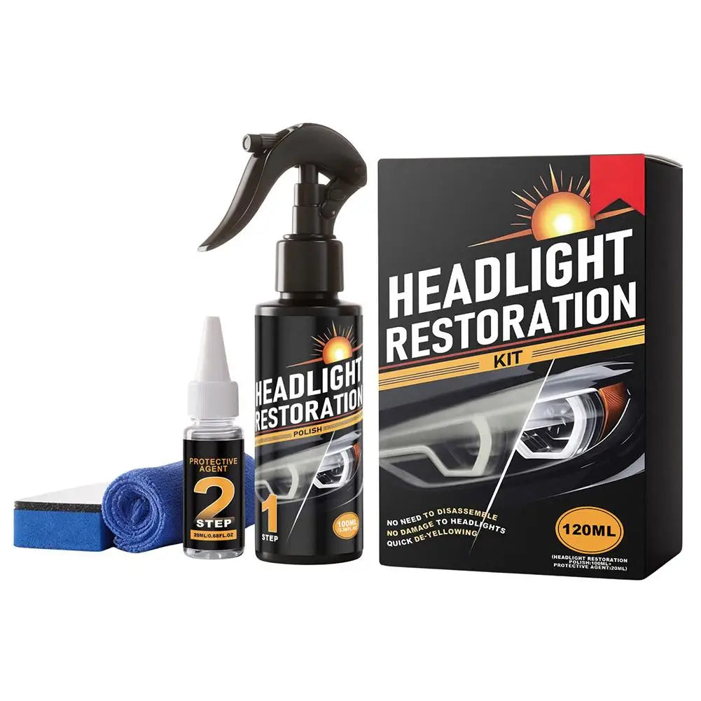 A black bottle of headlight restoration fluid and a pump applicator are shown next to the product box.