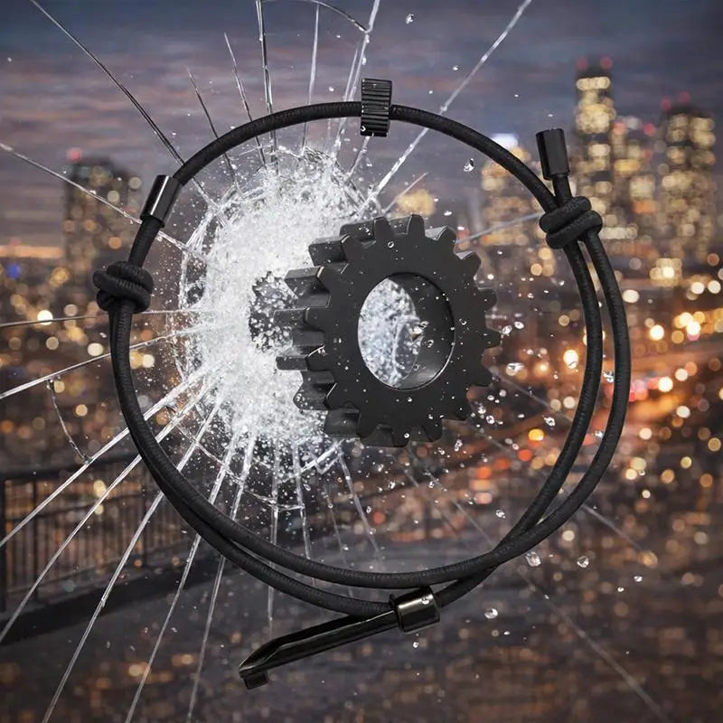 A black wristband with a gear-shaped device is shown shattering glass against a blurred city skyline.