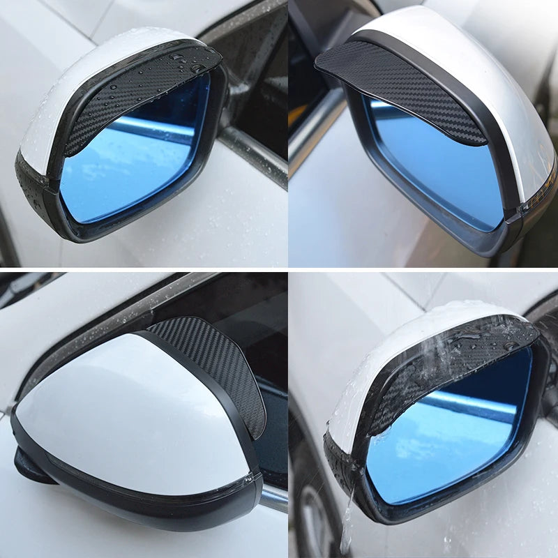 Carbon fiber rain shield covering a car's rearview mirror, showing blue light through the lens.