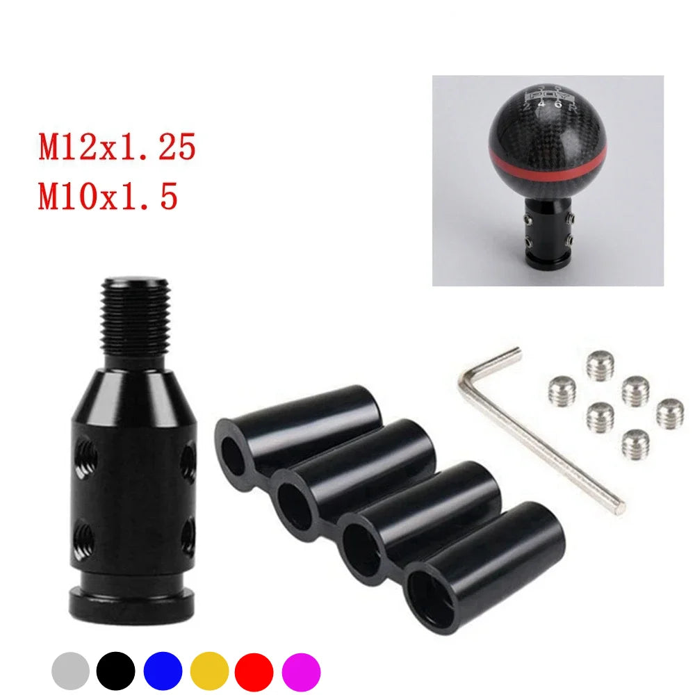 Black gear shift knob adapters in various sizes M12x1.25 and M10x1.5 shown with a separate knob example