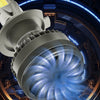 A close-up of a high-speed radiator fan cooling mechanism with blue light emanating from the airflow.