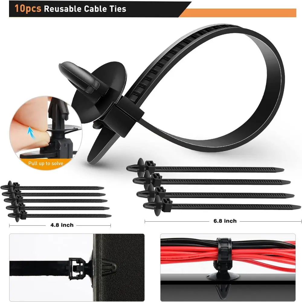 Black reusable cable ties and fasteners shown in various configurations for body repair