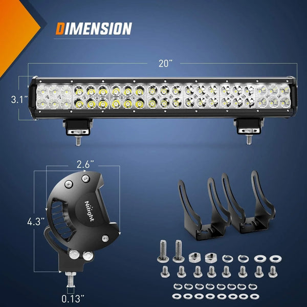 High-intensity LED light bar assembly with mounting brackets and hardware for off-road vehicles