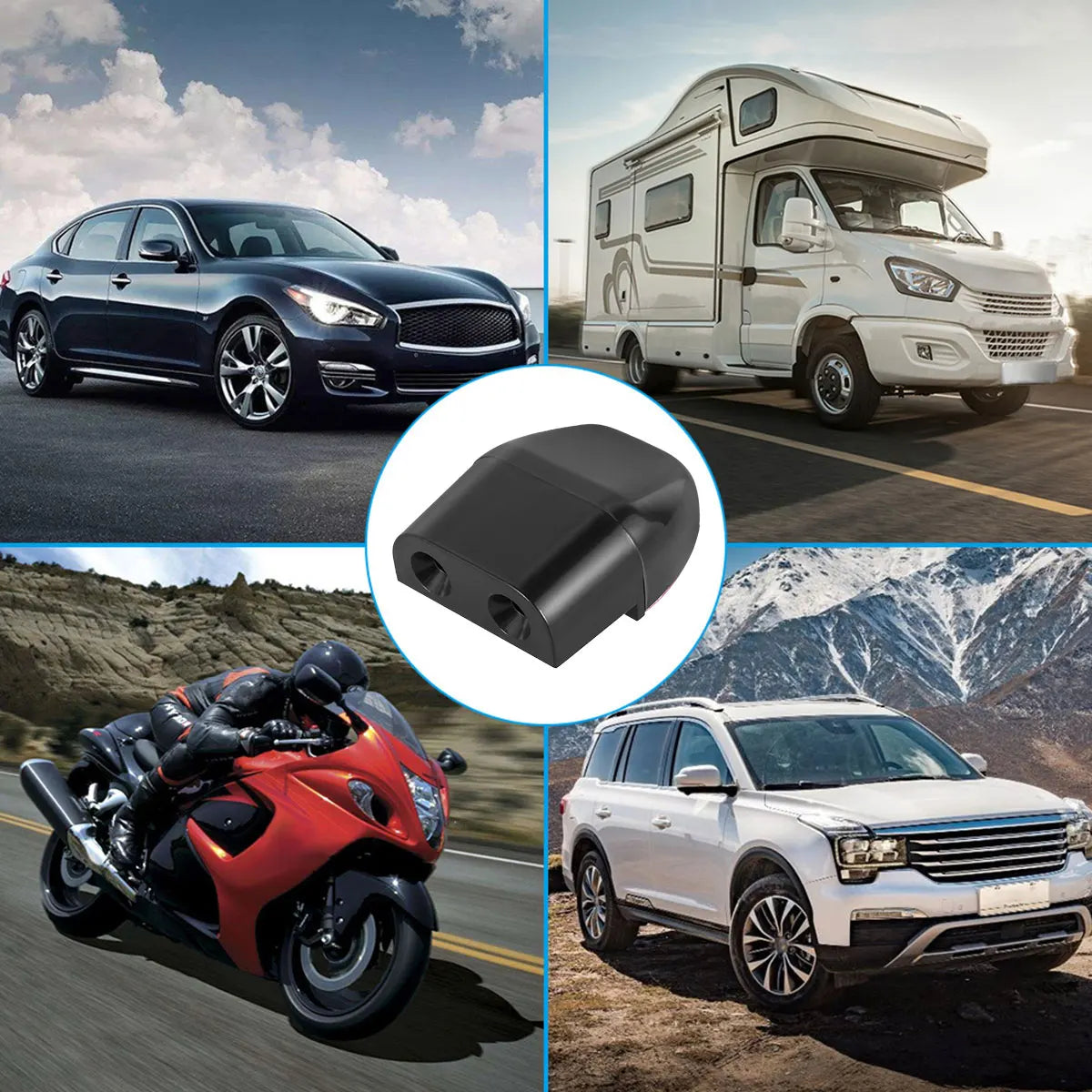 A collage showing a sedan, a van, and an off-road SUV, alongside a black ultrasonic animal deterrent device.