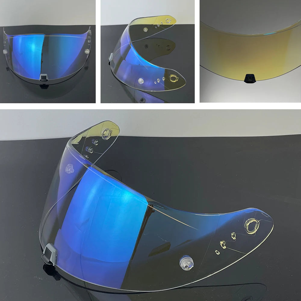 A clear motorcycle helmet visor lens with a blue tint is shown in various angles.