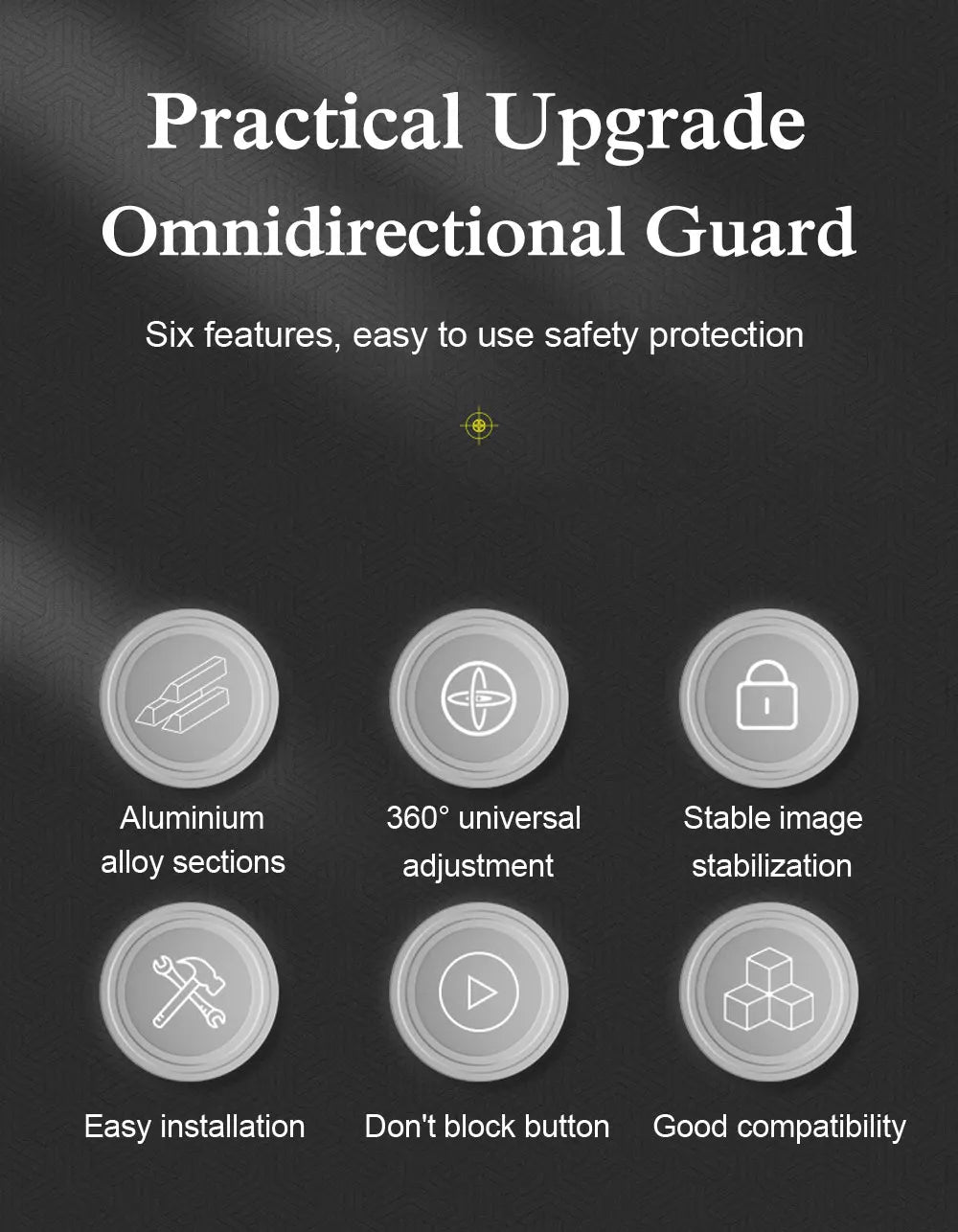 A product image showing features of a Practical Upgrade Omnidirectional Guard, including aluminum alloy sections, 360° univer