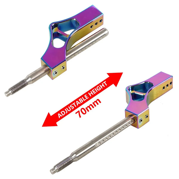 A silver and purple adjustable car gear shifter extension kit with a threaded shaft.