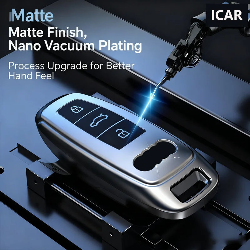 A close-up of a silver car key case cover being plated with a blue light by an Icar tool.