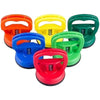 A set of five colored car dent remover pullers with suction cups in orange, yellow, green, blue, and red.