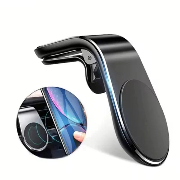 Sujetador magnético para teléfono de coche negro con clip para ventilación, vista de cerca.
