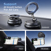 A 360 degree magnetic car phone mount with a smooth surface for all cars shown mounted on a dashboard and windshield.