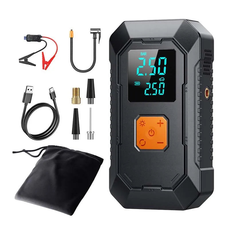 A portable car emergency air pump device with a digital display and various accessories shown on a white background.