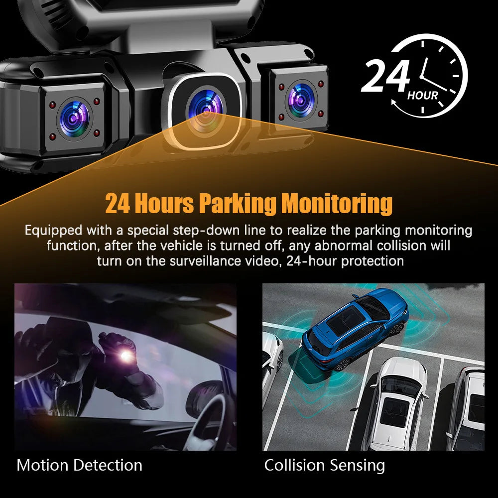 A 4-camera dash cam system for 360 degree car monitoring featuring motion detection and collision sensing.