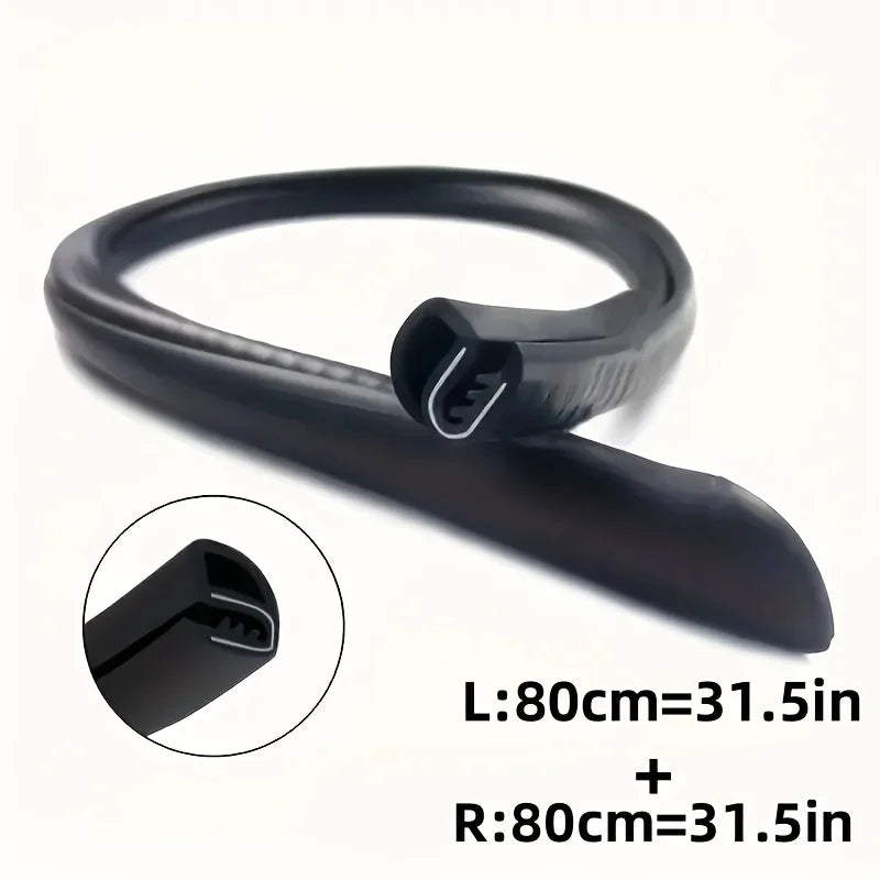 Black car door B-pillar seal strips for sound and weatherproofing with dimensions listed.
