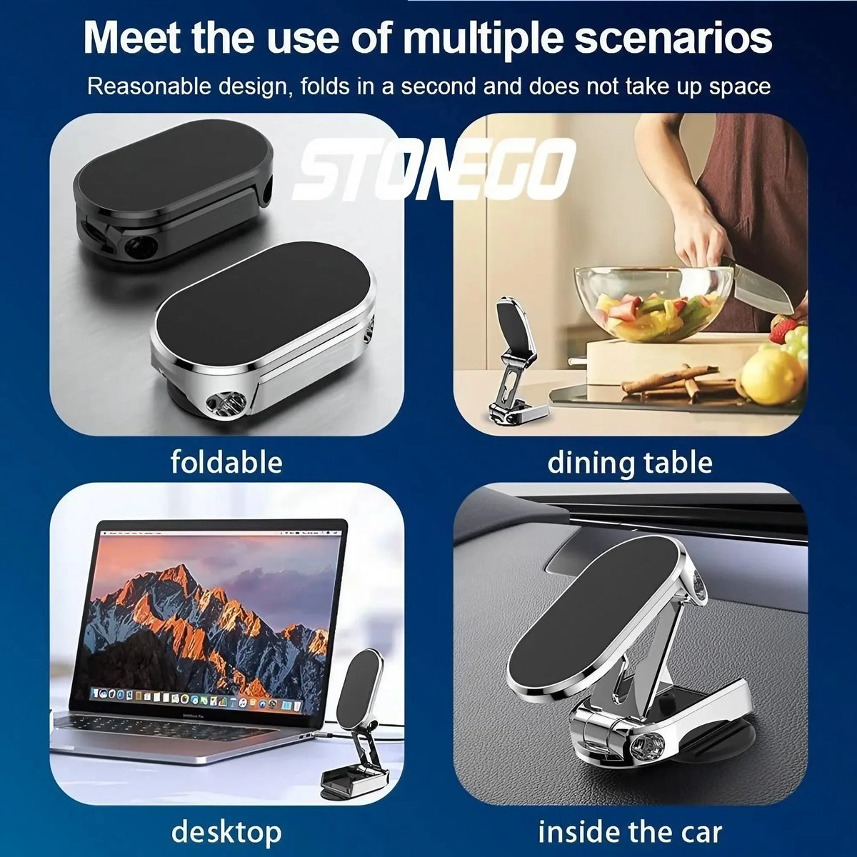 Support magnétique robuste pour téléphone, utilisé sur un bureau, dans une voiture et sur une table à manger.