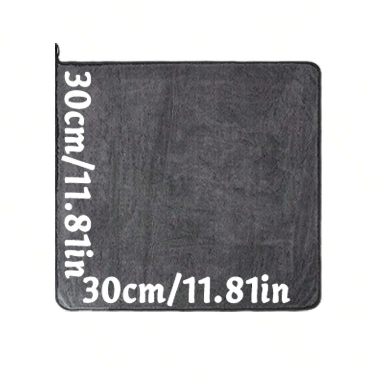 A dark gray microfiber car drying towel with measurements marked 30cm or 11.81in.