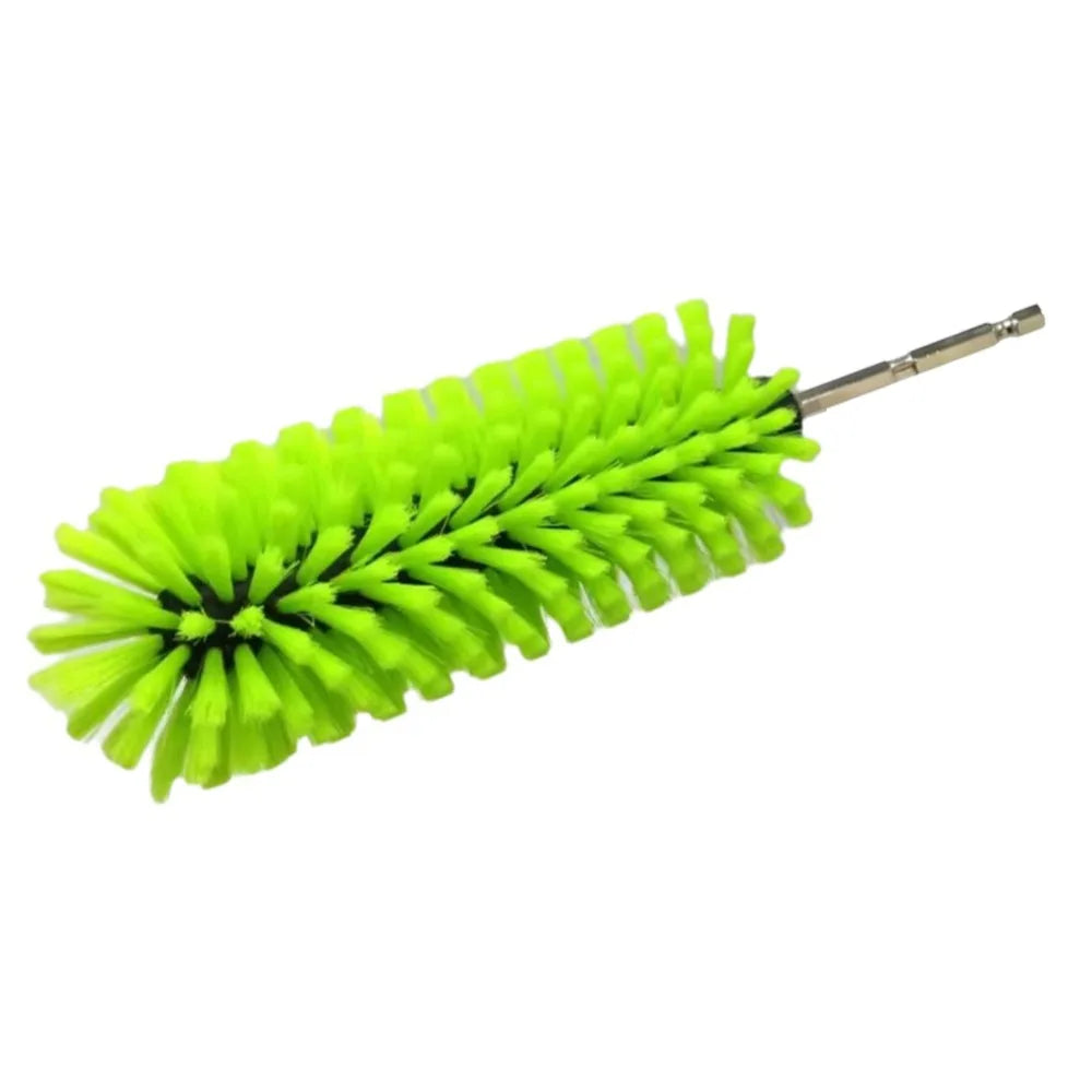 Bright lime green drill brush with flexible bristles for cleaning wheels and tires