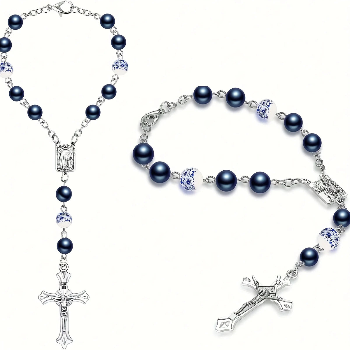 A silver Catholic rosary with a mirror hanging decoration and rose medal, featuring blue beads.