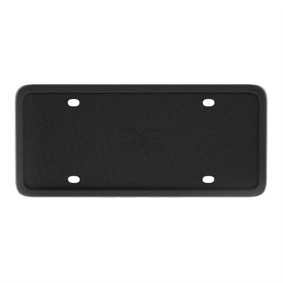 Black silicone license plate frame covers with four mounting holes.
