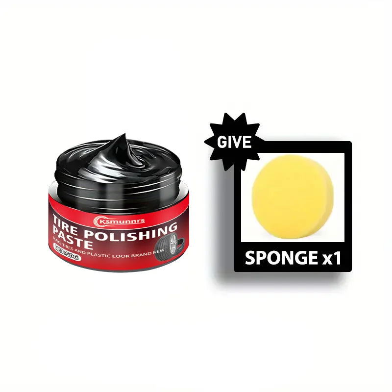 A black tire polishing paste product with a yellow sponge included for cleaning and protection.